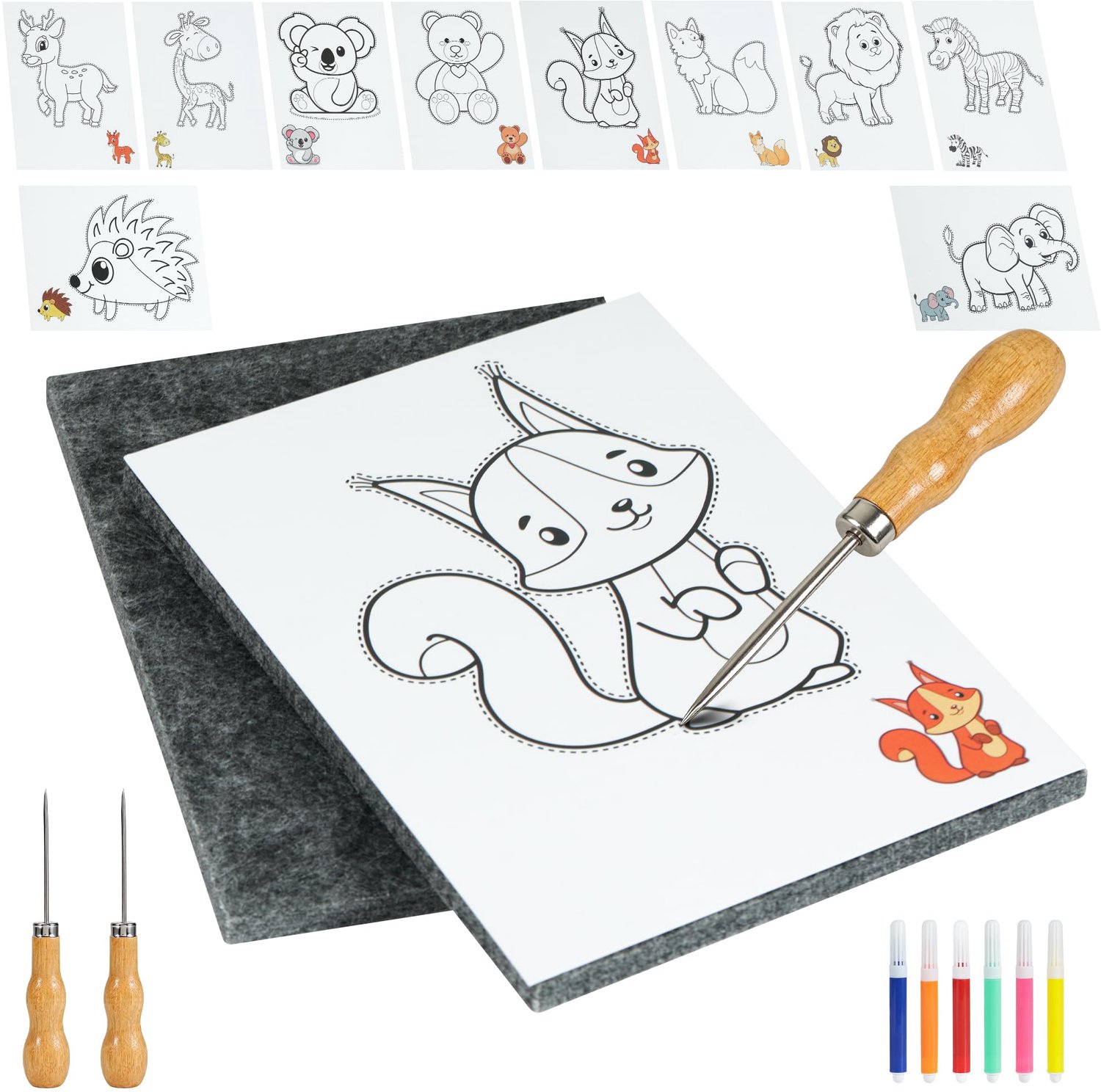 Priknaald Set voor Kinderen met Dieren Thema en Sjablonen