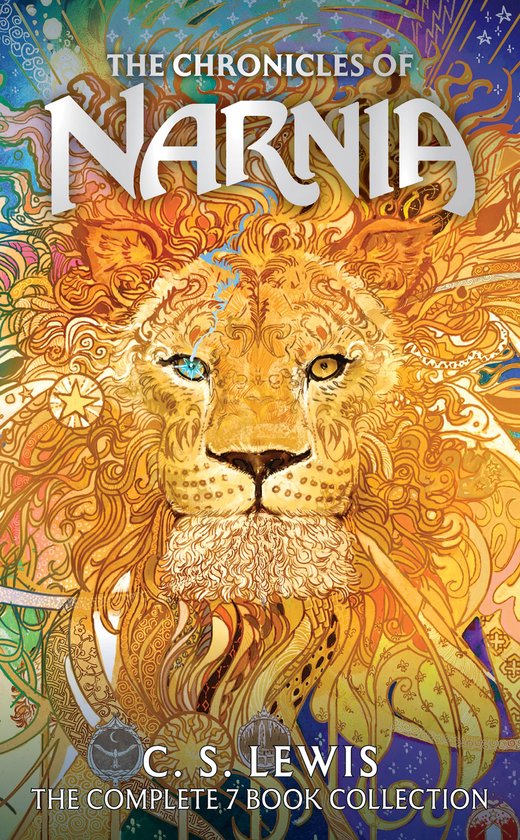 Boekomslag van The Chronicles of Narnia met een gedetailleerde illustratie van een leeuw in warme kleuren.