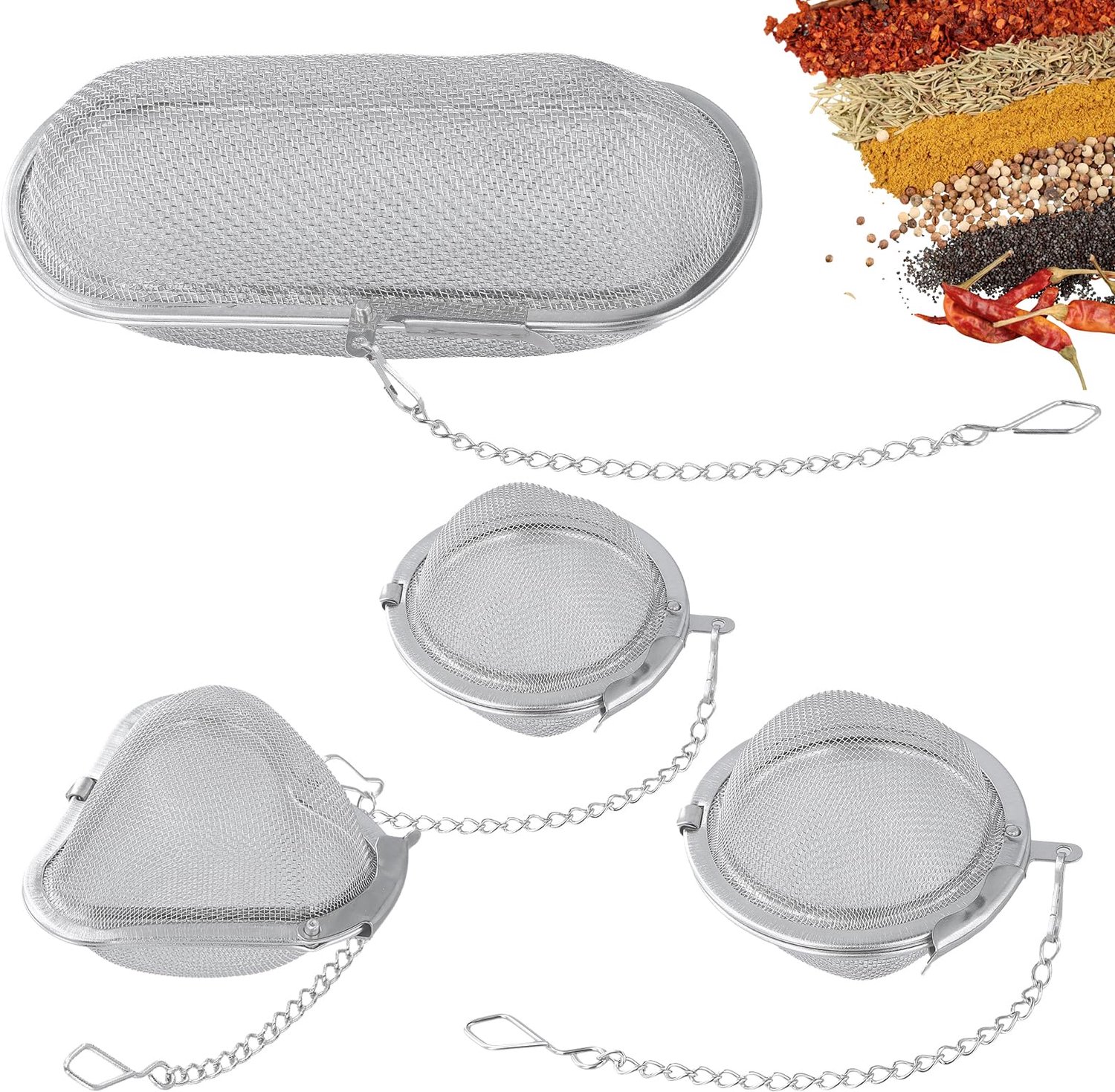 Set van 4 RVS Thee-Ei's met Ketting voor Loose Tea