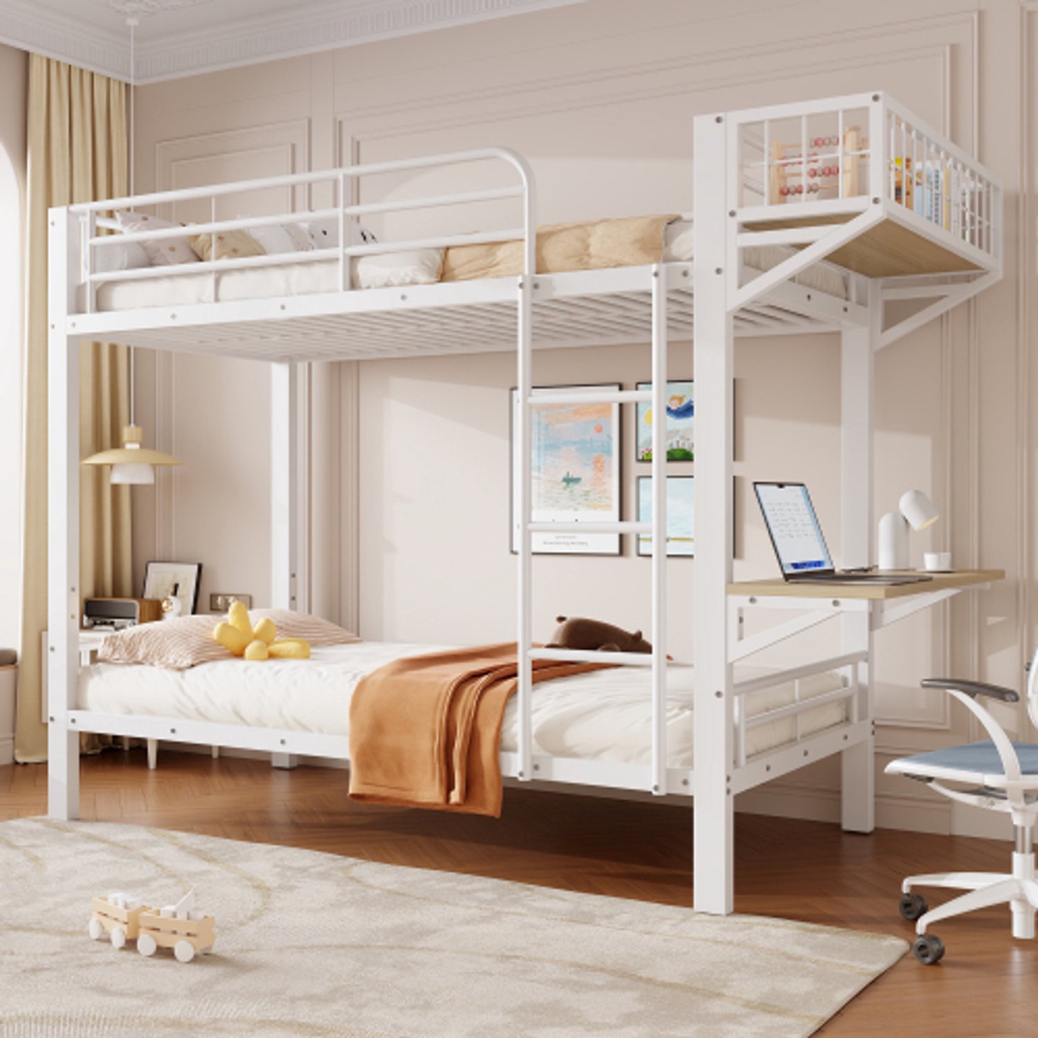 Zubaliya Wit Metalen Stapelbed 90x200 cm met Bureau & Opbergvak - Ruimtebesparend Kinderbed & Jeugdbed met Ladder - Wit