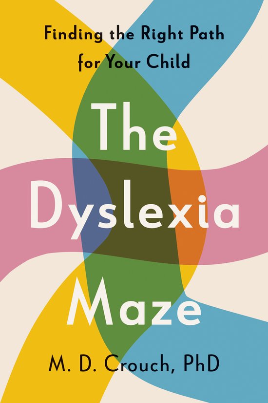 Boekomslag getiteld 'The Dyslexia Maze' met kleurrijke overlappende patronen en tekst in wit.