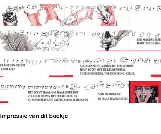 Pagina's van een accordeonboekje met illustraties, muzieknoten en Nederlandstalige tekst.