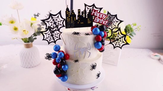 Spider-Thema Verjaardag cake topper set - Superheld taart decoratie met spinnen, webben en stadsdecor - Perfect voor jongens feest, kinderverjaardag of superheld Thema