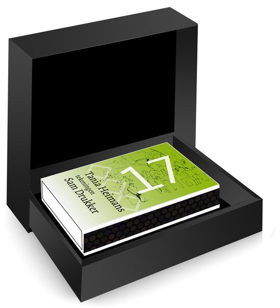 Boekje met groene kaft in een open zwarte geschenkdoos met een honingraatpatroon aan de zijkant.
