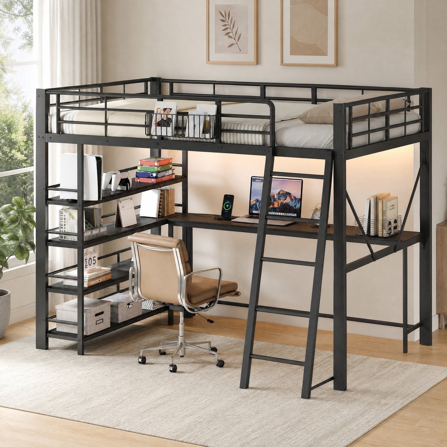 WUVRIE Metalen hoogslaper 140x200 cm - Met bureau, opbergruimte, LED-verlichting en USB - Zwart