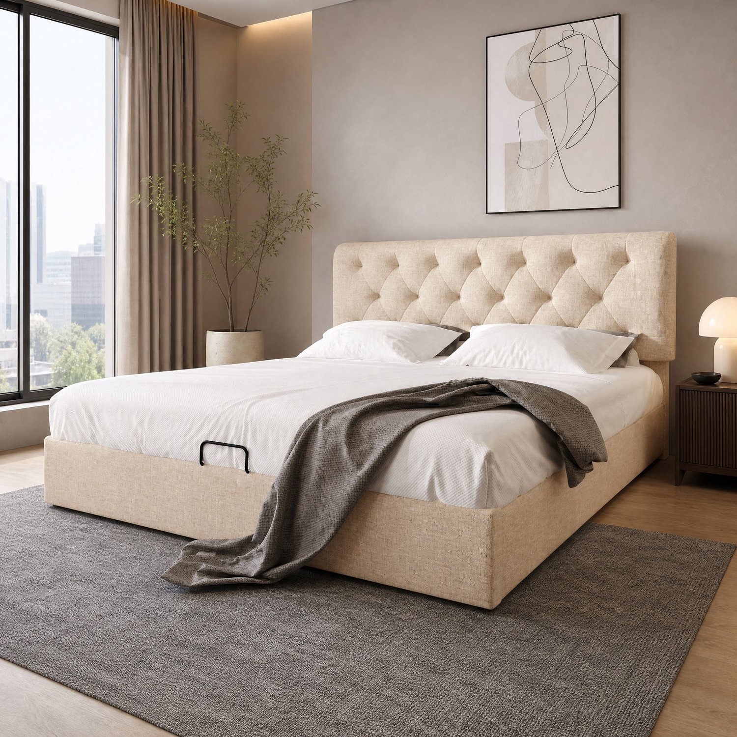 WUVRIE Gestoffeerd tweepersoonsbed 160x200 cm - Verstelbaar hoofdbord en opbergruimte - Inclusief matras - Naturel