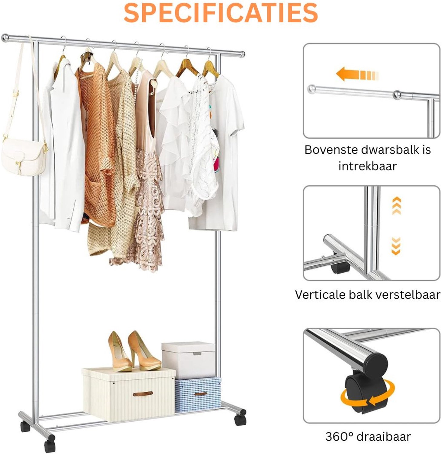 Kledingrek op Wieltjes - Dressboy - Kledingstang - Zilver