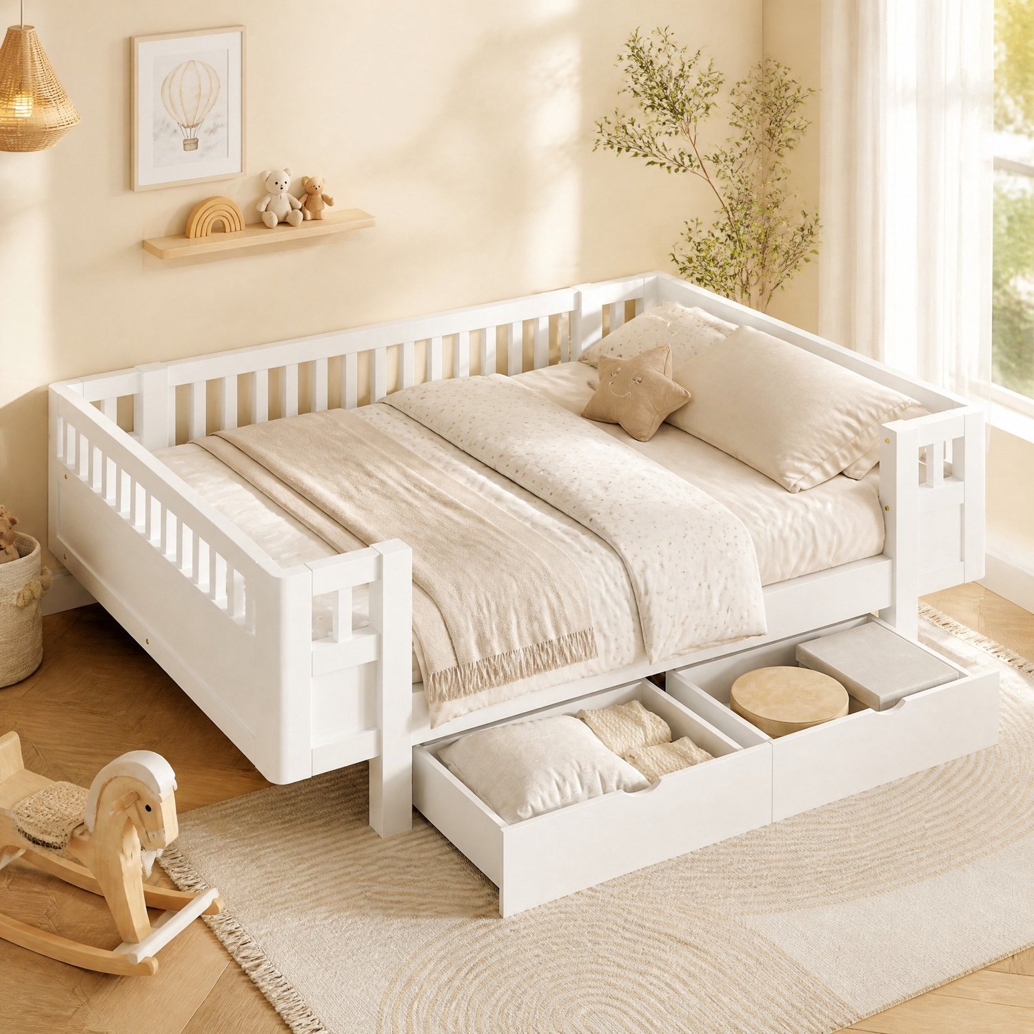 WUVRIE Kinderbed 140x200 cm - Rondom bedhekken en 2 opberglades - Wit