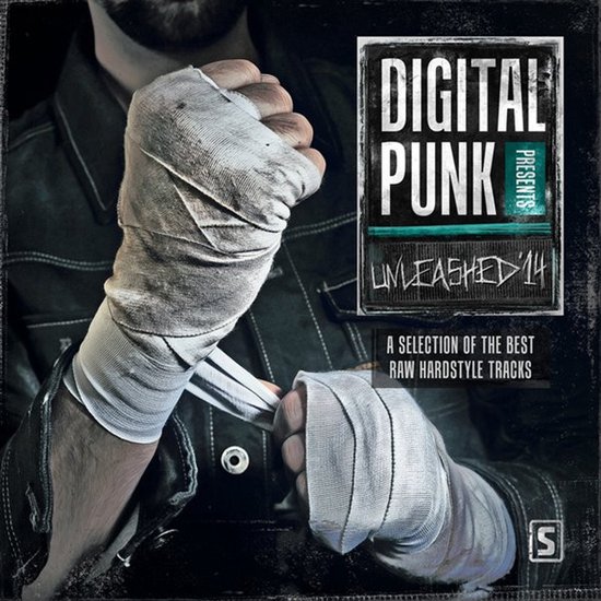 Persoon met wit sportverband om de handen, bij de tekst Digital Punk Presents Unleashed '14.