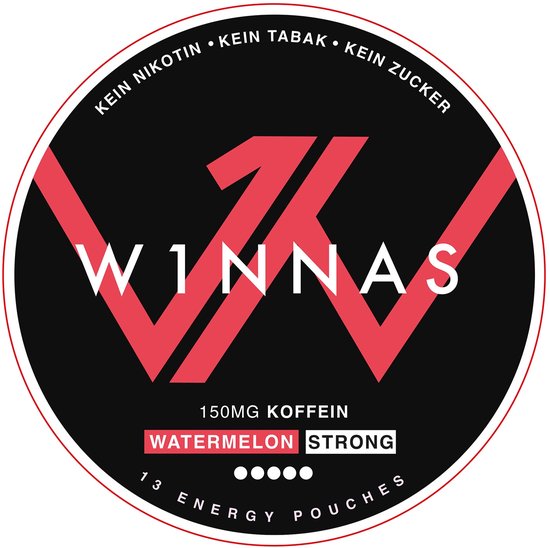Rond zwart W1NNAS-logo met rood watermeloen-ontwerp, 150mg cafeïne, 13 zakjes en teksten: geen nicotine, tabak of suiker.