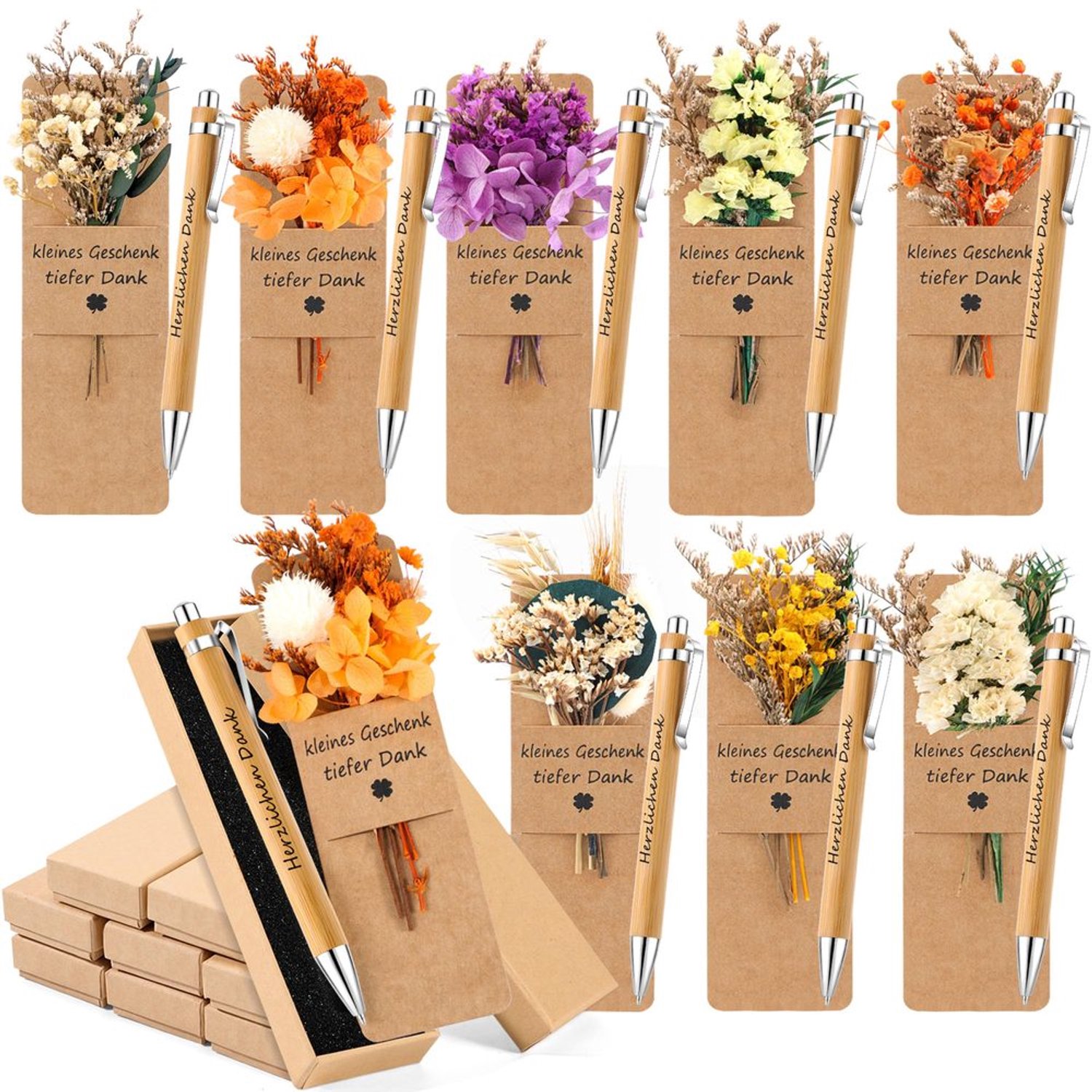 Set van 8 Bedank Geschenken met Houten Pen en Bloem