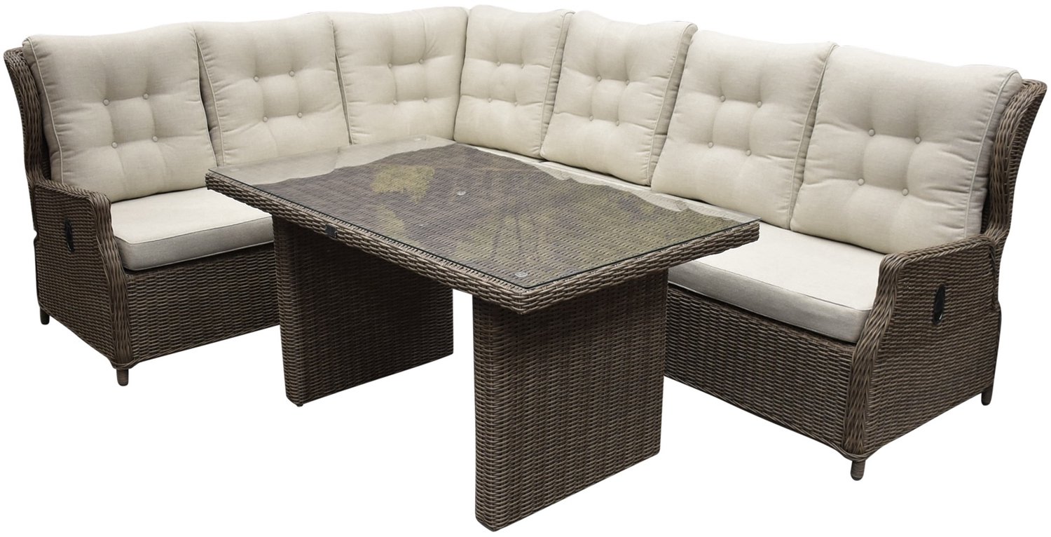 AVH-Collectie Ibiza dining hoek loungeset 5 delig verstelbaar bruin wicker | naturel mixed weave kussen Bruin / Terre