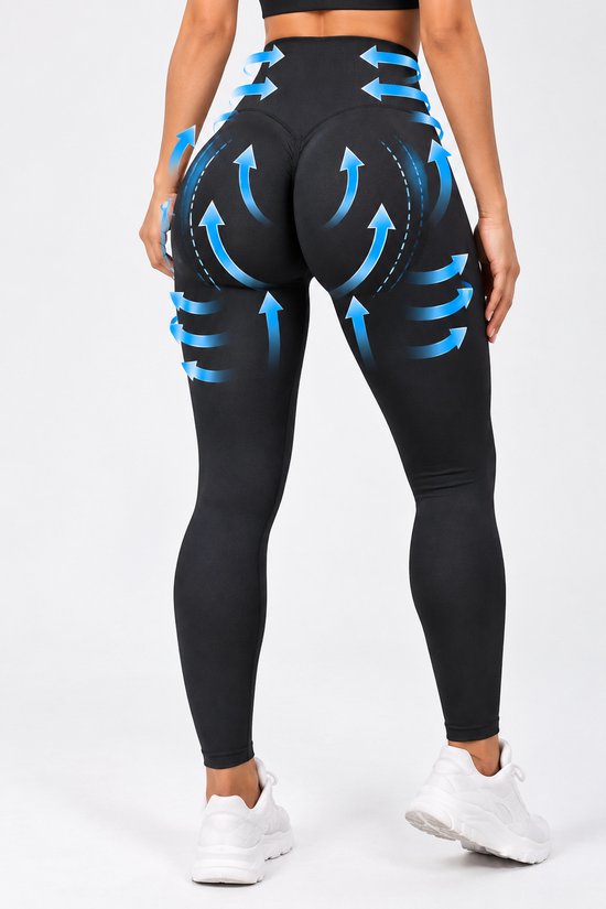 Zwarte sportlegging met blauwe pijlen die het liftende effect tonen.