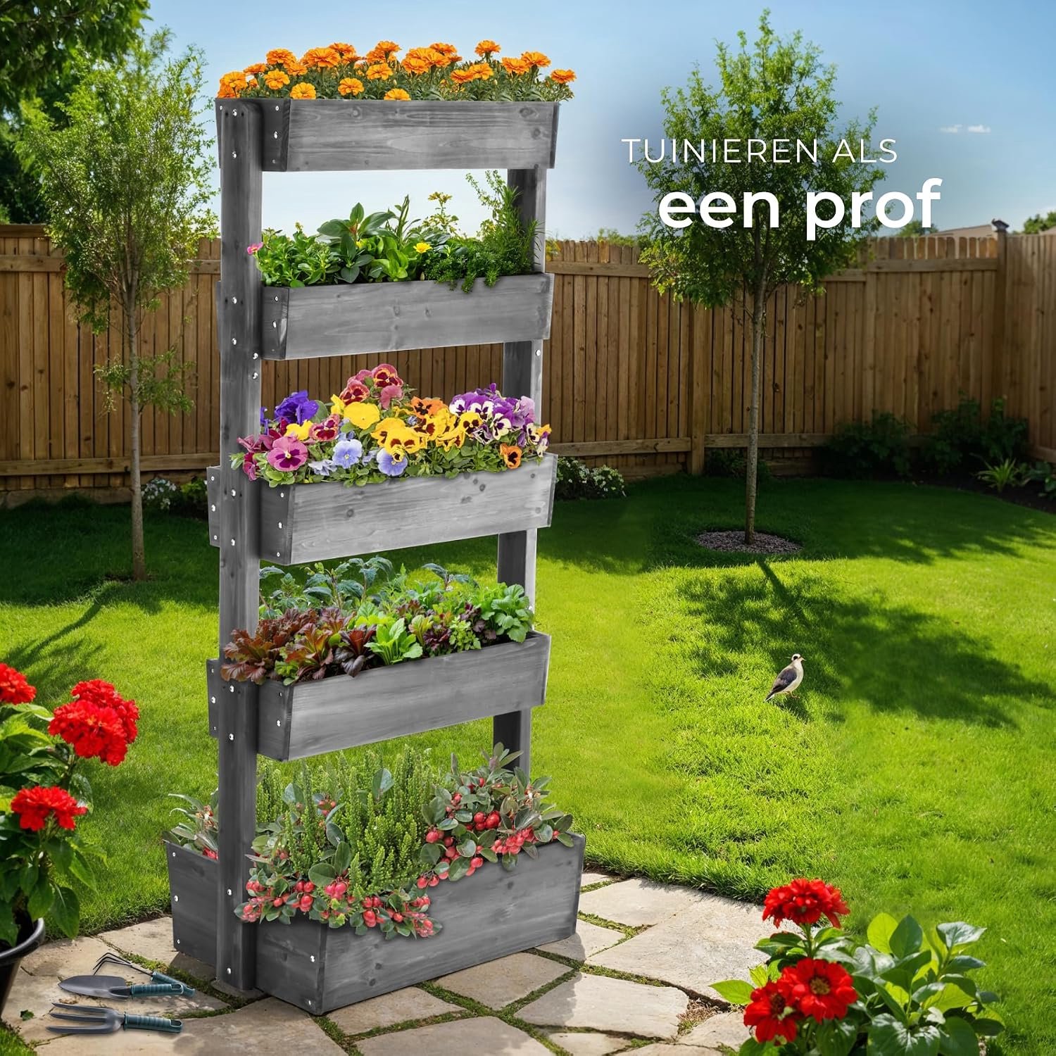 Flora Tower Verticale Tuin met 5 Plantenbakken – Houten Plantentrap voor Balkon, Terras & Tuin – Weerbestendige Etage Kweekbak met Worteldoek & Afwatering (52 x 81 x 180 cm)