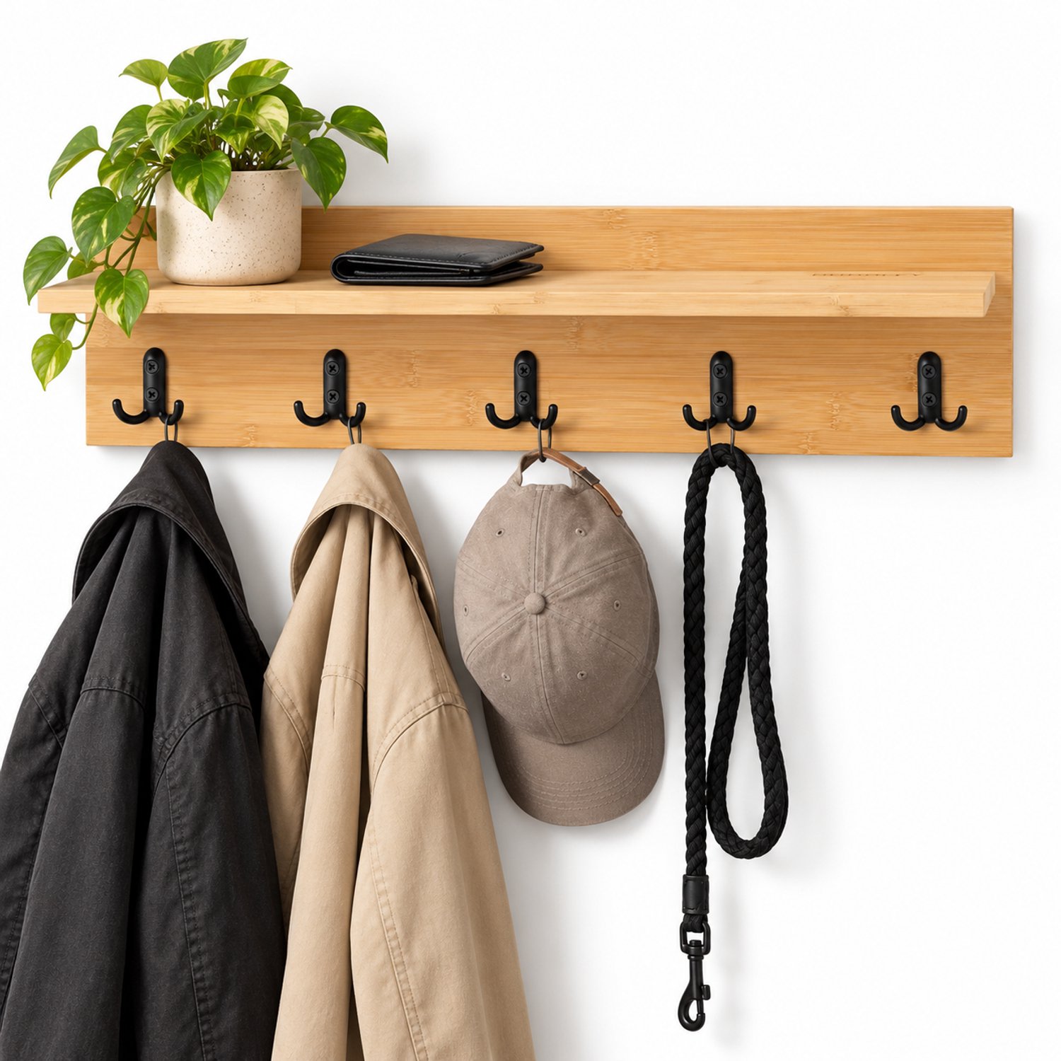 BUDDLEY Wandkapstok met Plank - Bamboe - 5 Dubbele Haken - Kapstokplank - Kapstok met Hoedenplank - Kapstok Hangend - Kapstok Wand - Kapstok Muur - Bamboe Kapstok - Ophanghaken - Wandhaken - Wandrek - Hal - Gang - Entree - 65 cm - Naturel