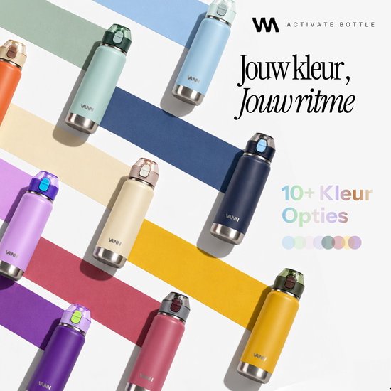 Overzicht van VANN-drinkflessen in meer dan 10 verschillende kleuren, inclusief oranje, blauw en paars.