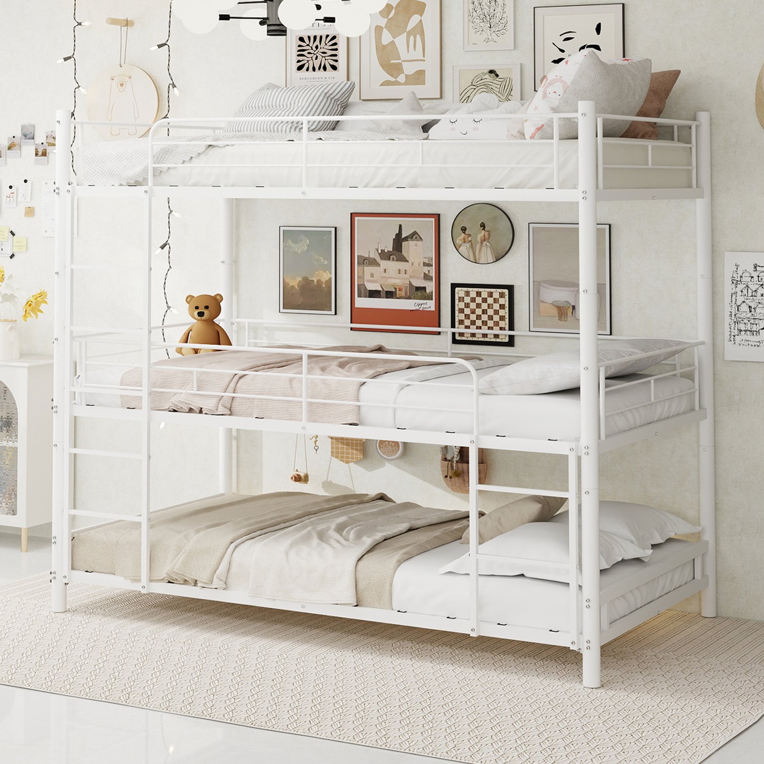 WUVRIE Stapelbed met 3 slaapniveaus voor matrassen 90x190 cm - Met ladders en doorlopende uitvalbeveiliging - Wit
