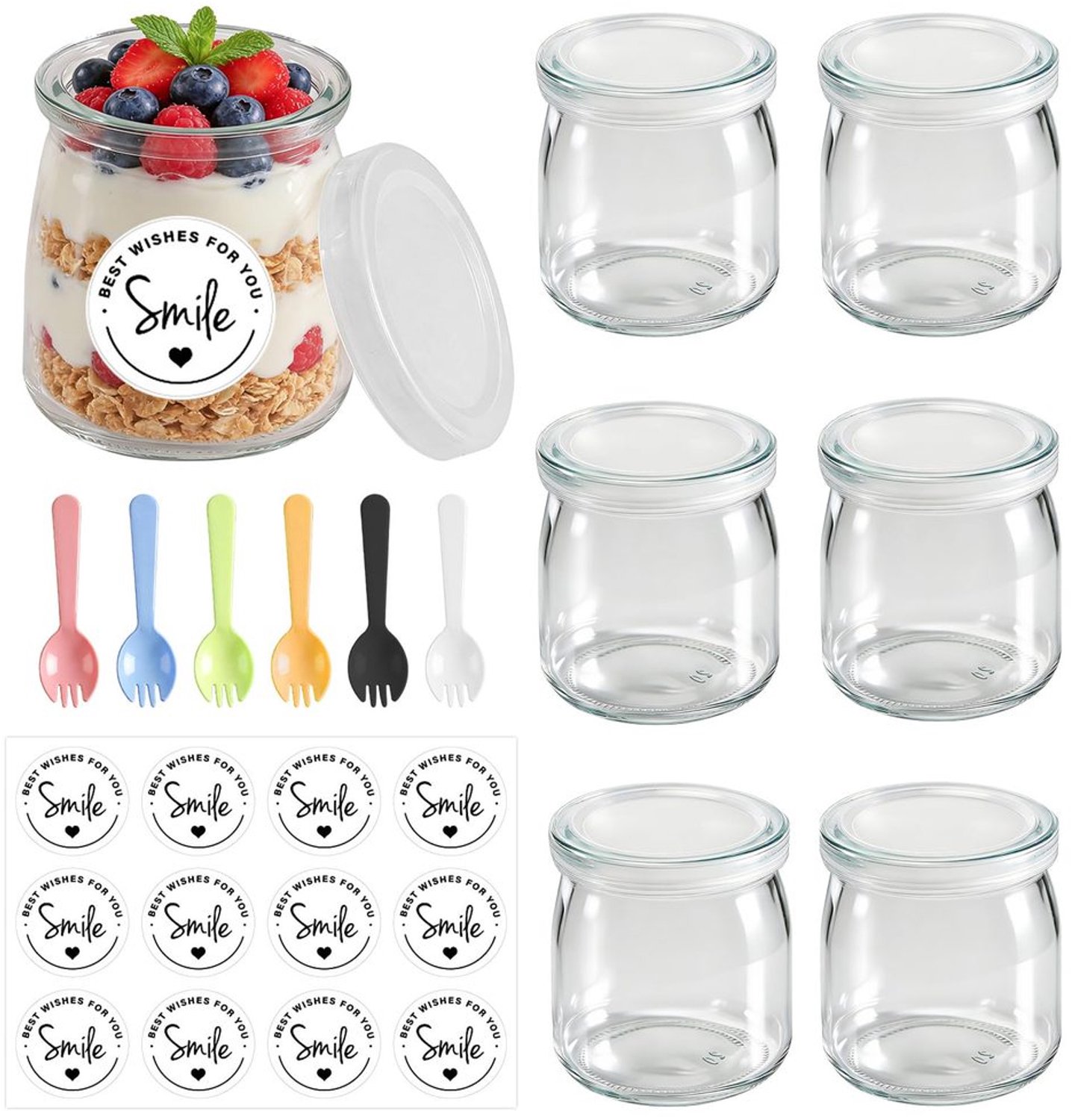 Set van 6 Duidelijke Yogurtglazen met Deksel en Lepel