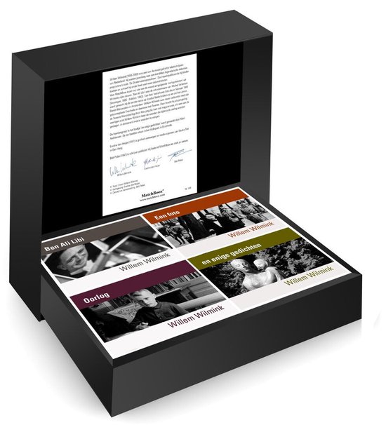 Luxe geschenkdoos van MatchBoox met vier Willem Wilmink boekjes, inclusief zwart-wit foto's en tekst.