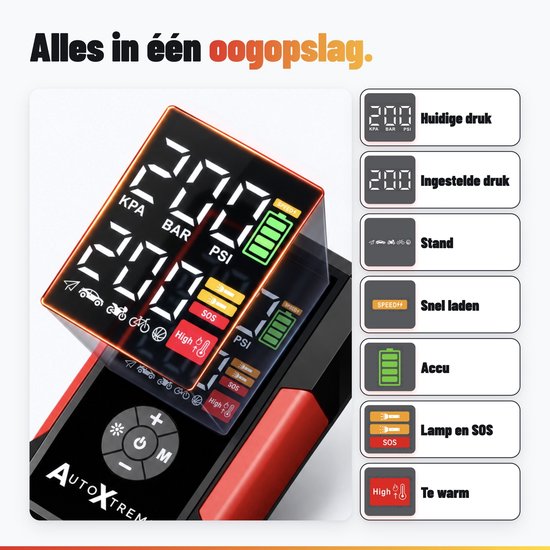 Close-up van het digitale AutoXtreme display met instellingen voor druk, batterijstatus, standen en SOS-verlichting.