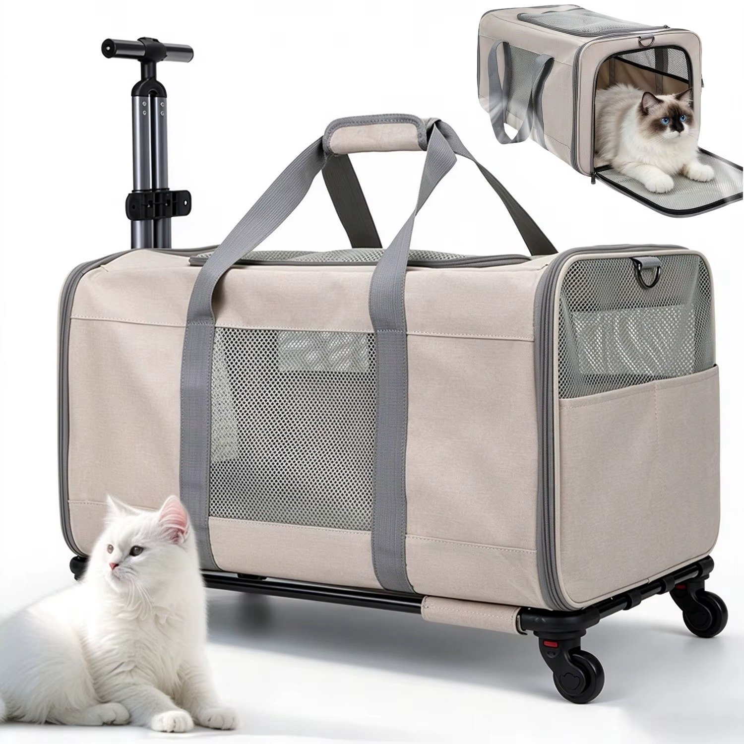 CreateEcom reistas kat - transport kat - hondentrolley - kat transportbox - Draagbare huisdierentrolley - extra grote katten- en hondentrolley - huisdierentas - reistas voor katten met afneembare wielen - 60x40x35 cm - beige