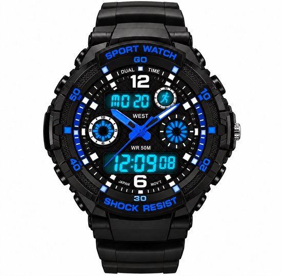 Zwart sportief digitaal en analoog horloge met blauwe accenten, 50M waterbestendig en schokbestendig.