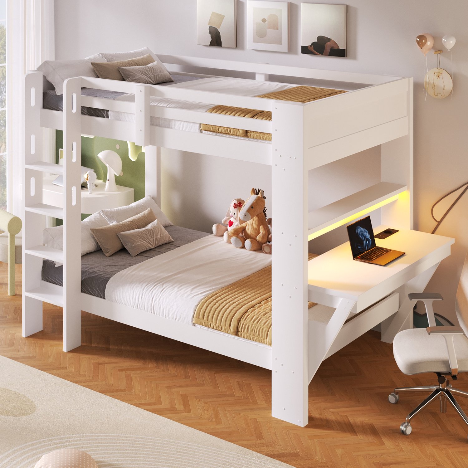 MIVRAY Stapelbed 90x200 cm - Met Bureau Stopcontact en Led Lichtstrip - Open Opbergruimte - Hout en MDF - Wit - Zonder Matras