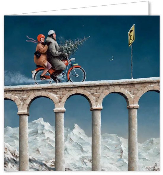 Illustratie van een oud stel op een brommer over een aquaduct, met een kerstboom achterop in het winterlandschap.