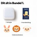 Inhoud van bundel 1: één nachtlampje, één handleiding en drie dierstickers (konijn, leeuw, schaap).