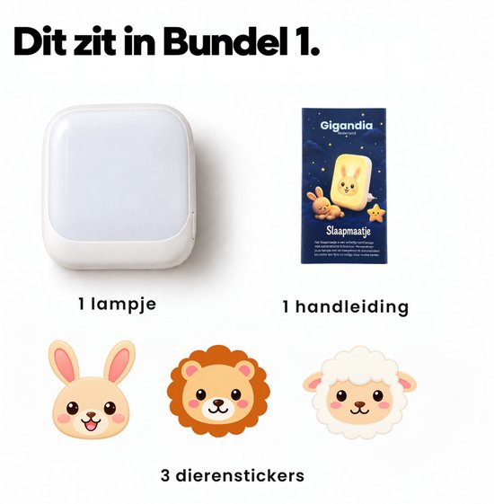 Inhoud van bundel 1: één nachtlampje, één handleiding en drie dierstickers (konijn, leeuw, schaap).