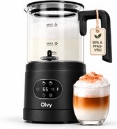 Zwarte Olvy glazen melkopschuimer met digitaal display, BPA- en PFAS-vrij label en kopje cappuccino met schuimlaag.