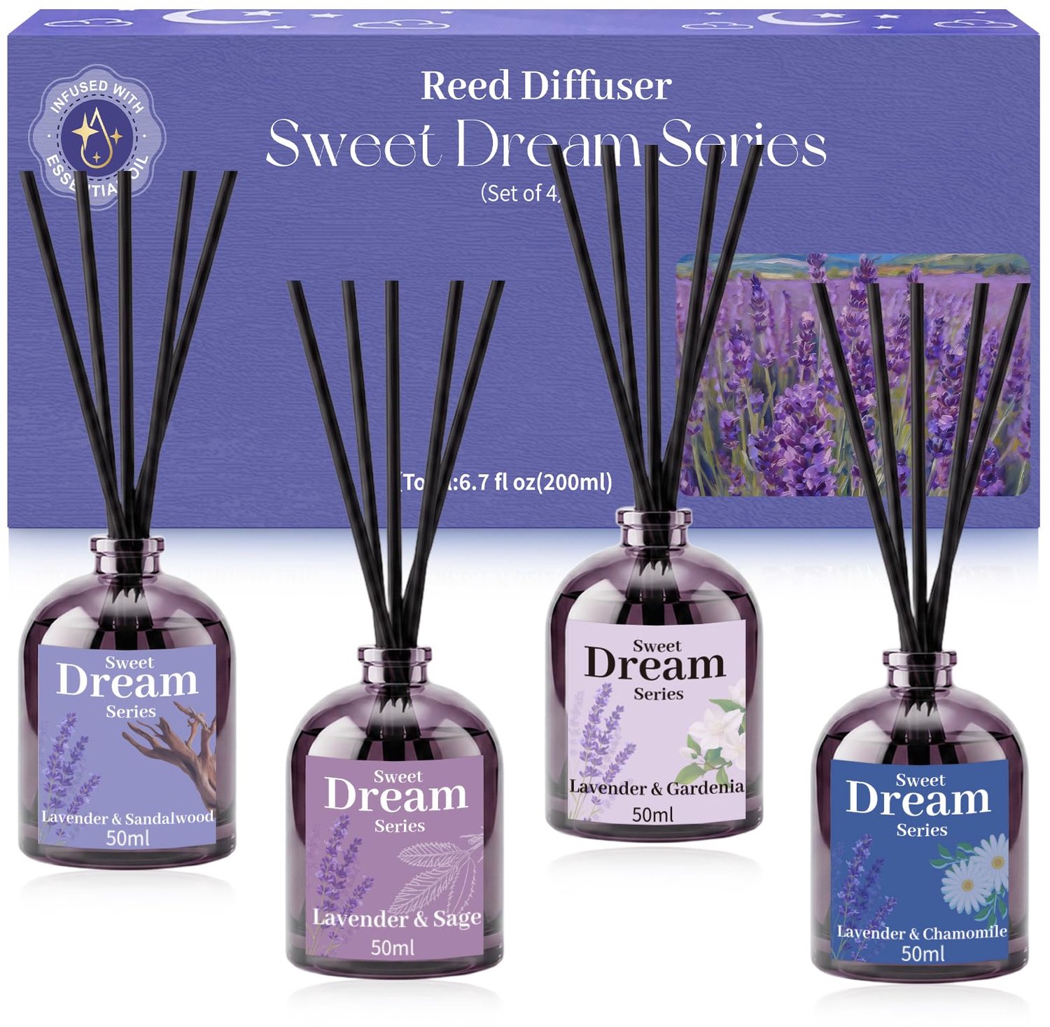 Geurstokjes Gardenia/Salie/Kamille/Sandelhout - Etherische Olijfolie - Rietdiffuser - 4 x 50 ml - Kamers/geur - Badkamer/kantoor - Geur Diffuser
