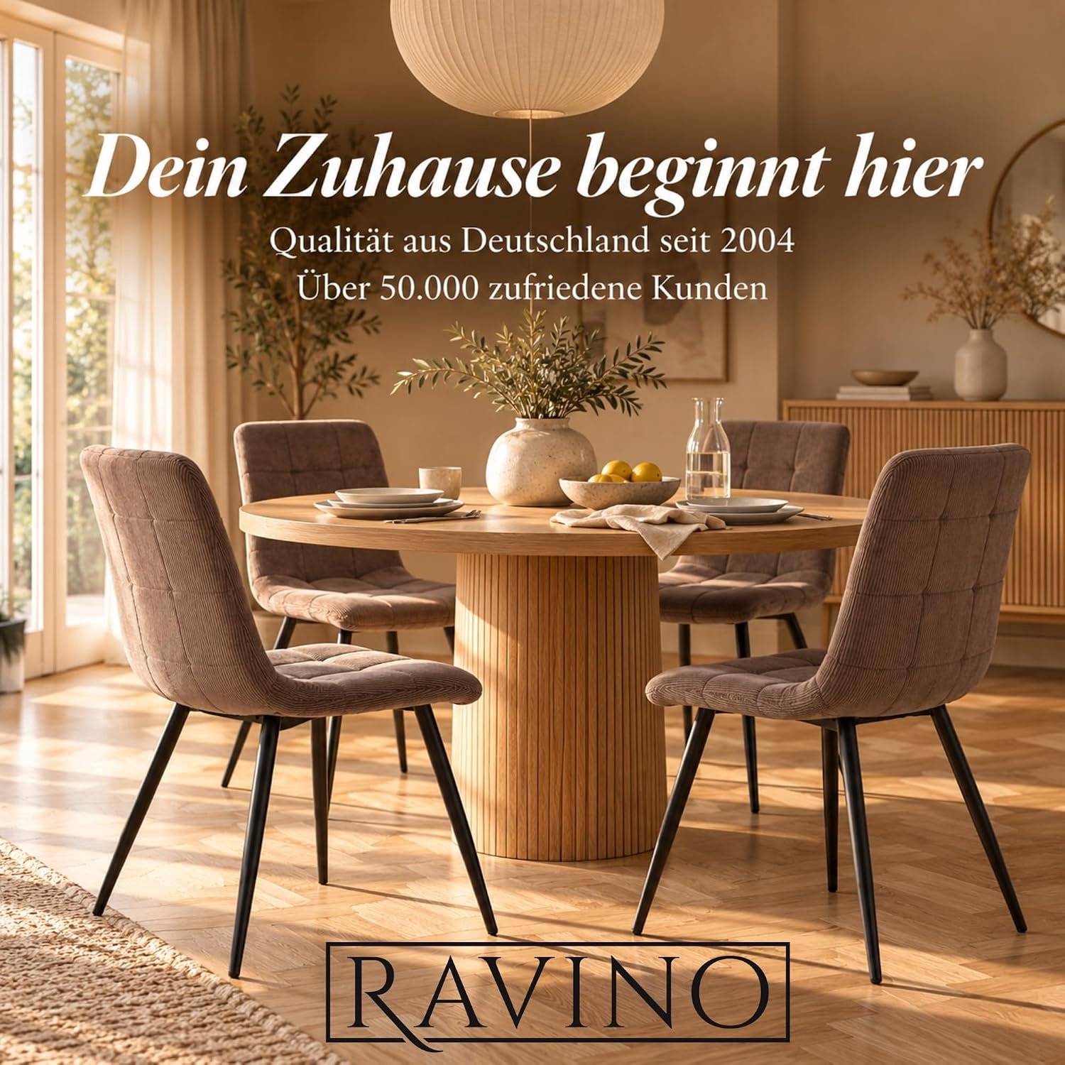Bora Vintage Eetkamerstoelen Set van 4 Bruin Ribfluweel – Gestoffeerde Eetkamerstoel met Ergonomische Rugleuning, Dikke Comfortabele Vulling, Metalen Frame