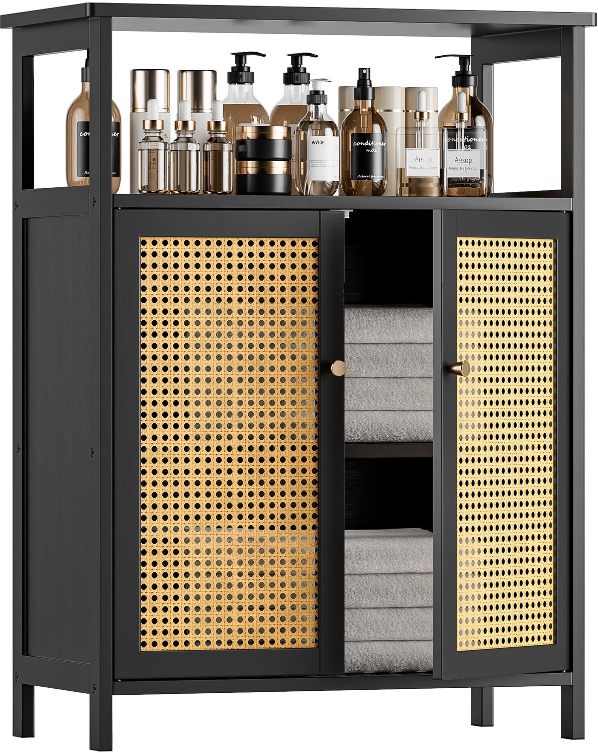 Bamboe Opbergkast met Wicker Deuren voor Badkamer of Keuken