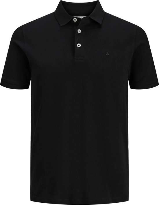 Zwart JACK & JONES poloshirt met korte mouwen, een kraag en drie knopen.