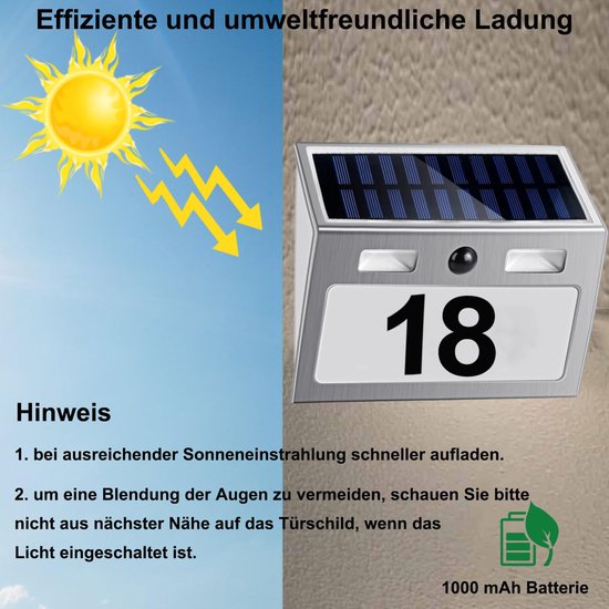 Grafische uitleg van zonne-energie opladen voor huisnummerlamp met 1000 mAh accu en veiligheidsinstructie.