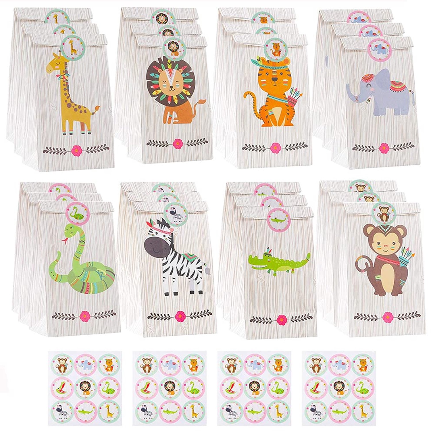 24 Feestzakjes voor Dieren met 36 Stickers - Kraftpapier voor Kinderfeestjes