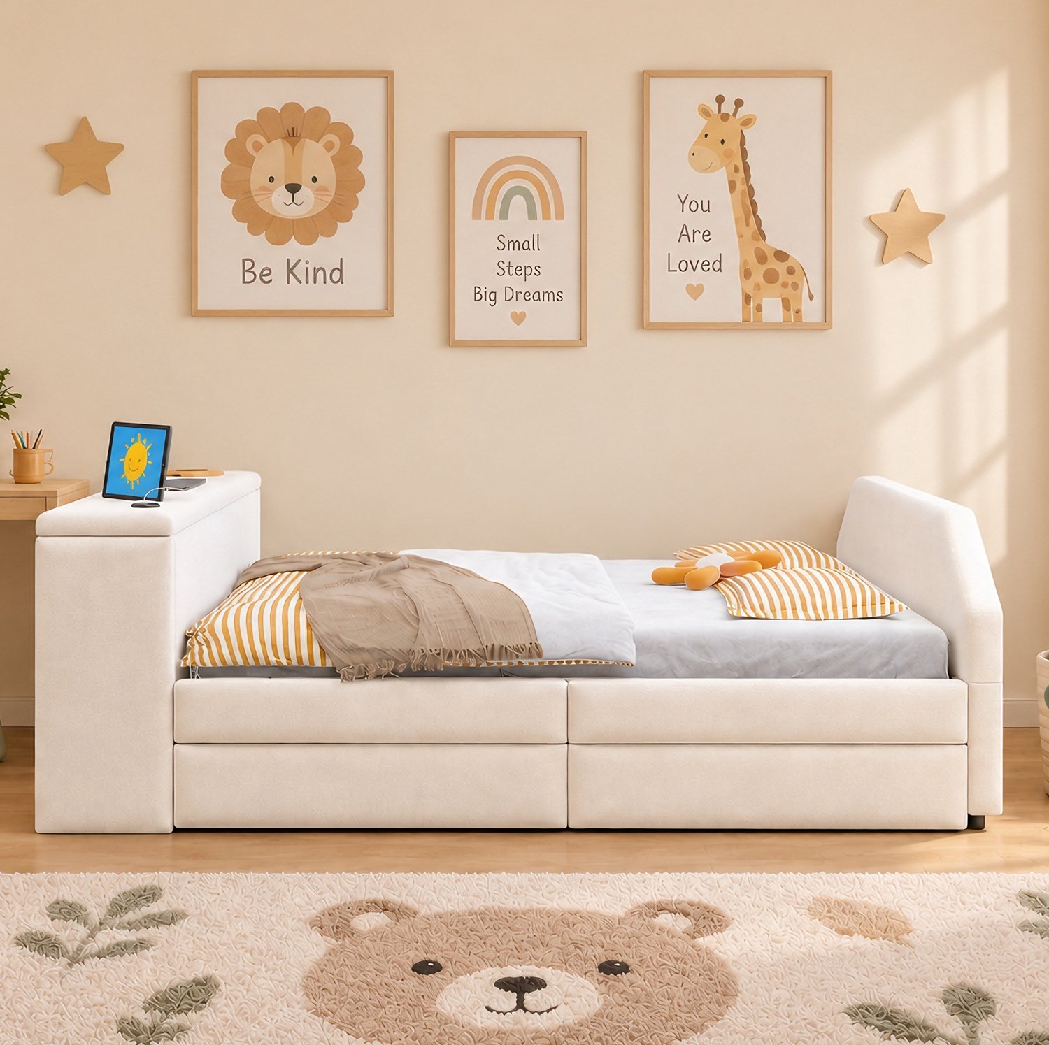 STILVORA Kinderbed 90x200 cm – Gestoffeerd Bed met Bureau – USB-aansluiting en Uitschuifbaar Logeerbed – Fluweelachtige Stof – Beige – Zonder Matras