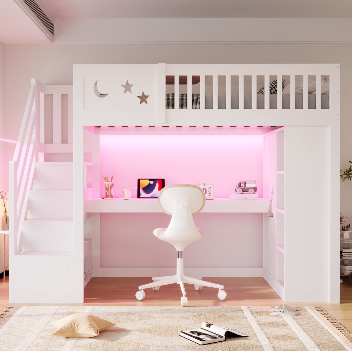 STILVORA Hoogslaper 90x200 cm – Bureau en Ledverlichting – Trap met Opbergruimte – Voor Kinderen – Hout en MDF – Zonder Matras – Wit