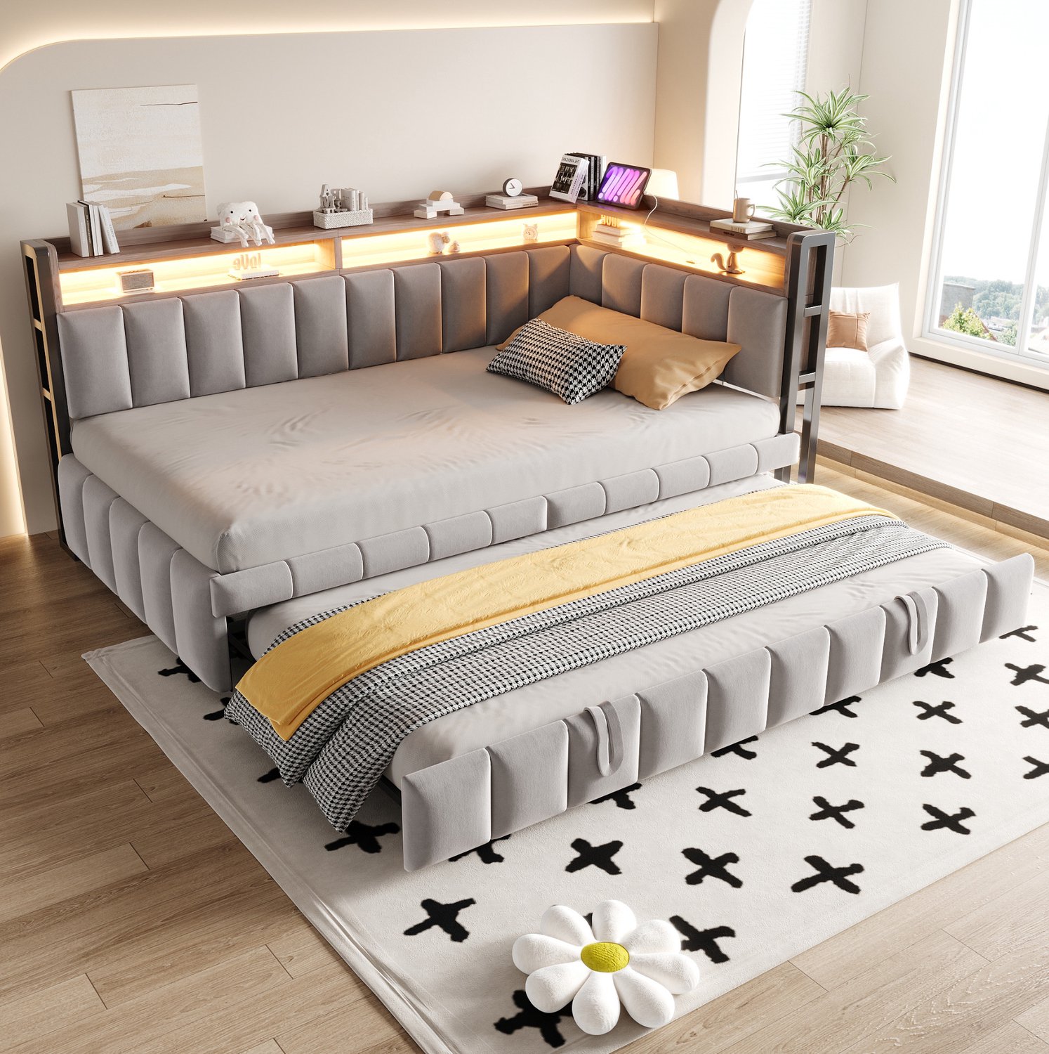 OKWISH Slaapbank 90x200 cm - Uitschuifbed - Verstelbare Verlichting en Opbergruimte - Fluweel - Lichtgrijs - Matras Niet Gespecificeerd