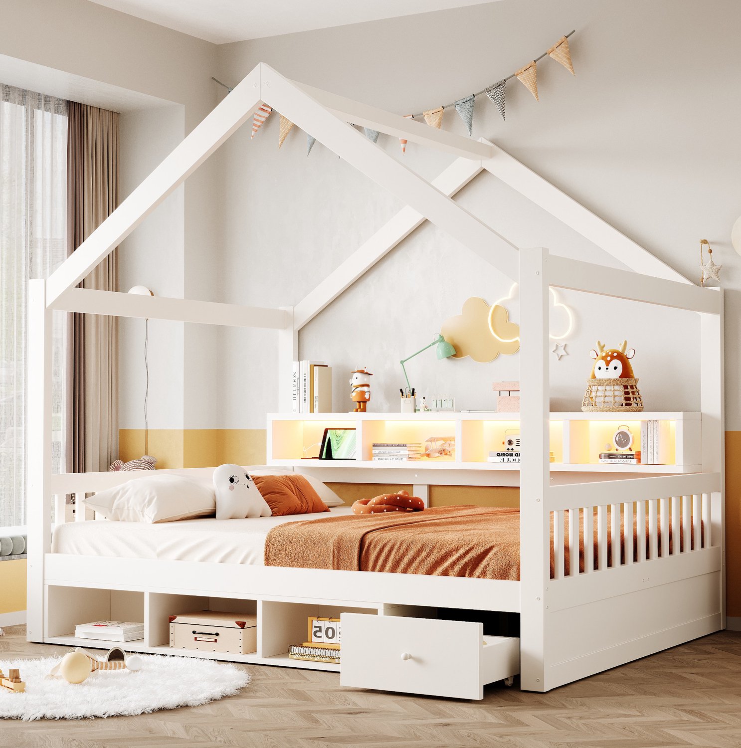 OKWISH Huisbed 140 x 200 cm - Dakvormig Bedframe met Hekjes - Verlichting en Stopcontacten - Opbergvakken en Lades - Hout en MDF - Zonder Matras - Wit