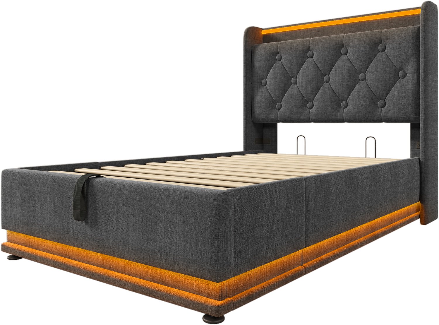 MUVANO Eenpersoonsbed 90 x 200 cm met ledverlichting - Opbergbed met hydraulische lift - Linnen en metaal - USB-C-hoofdbord - Voor slaapkamer grijs