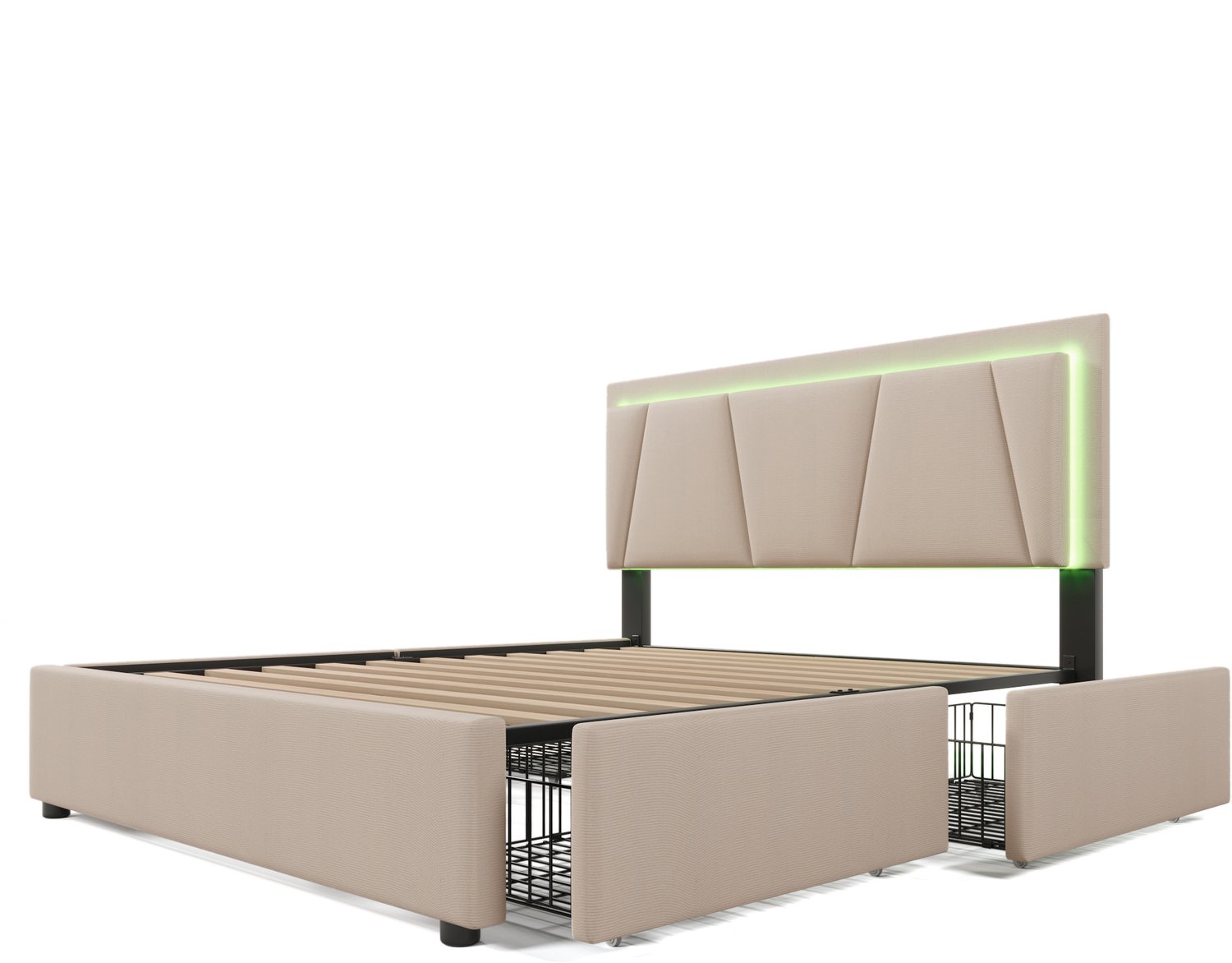 MUVANO Beige gestoffeerd bed 140x200 - tweepersoonsbed met vier opberglades - bed met ledverlichting - verstelbaar hoofdbord voor slaapkamer