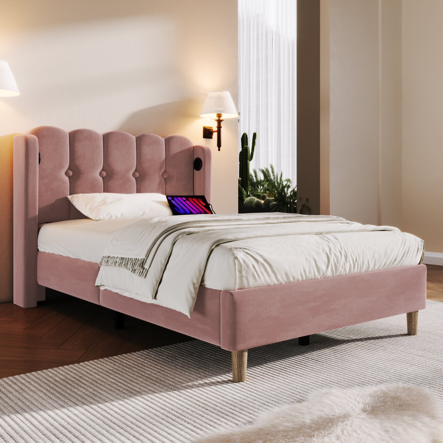MUVANO Eenpersoonsbed - Gestoffeerd bed met USB-C laadfunctie - Fluweel en lattenbodem - 90 x 200 cm - Voor slaapkamer en logeerkamer - Roze