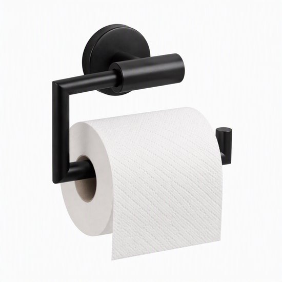Matzwarte toiletrolhouder voor wandmontage met een witte rol wc-papier op een witte achtergrond.