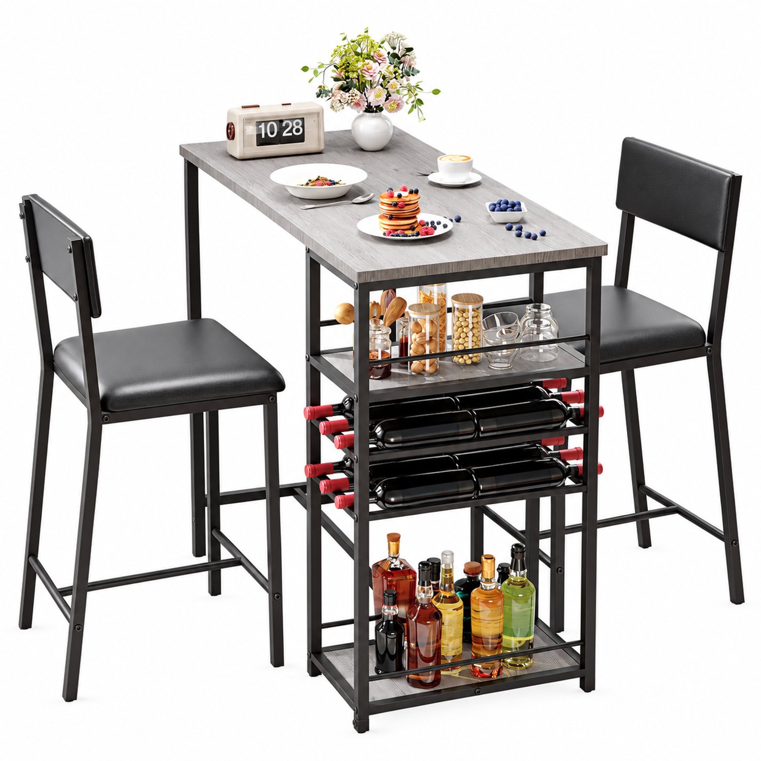 Vurnomi Bartafel met barstoelen - Bartafel - 3 delig Barset - Eettafel met stoelen - 90 x 48 x 92 cm - Metalen frame - Zwart