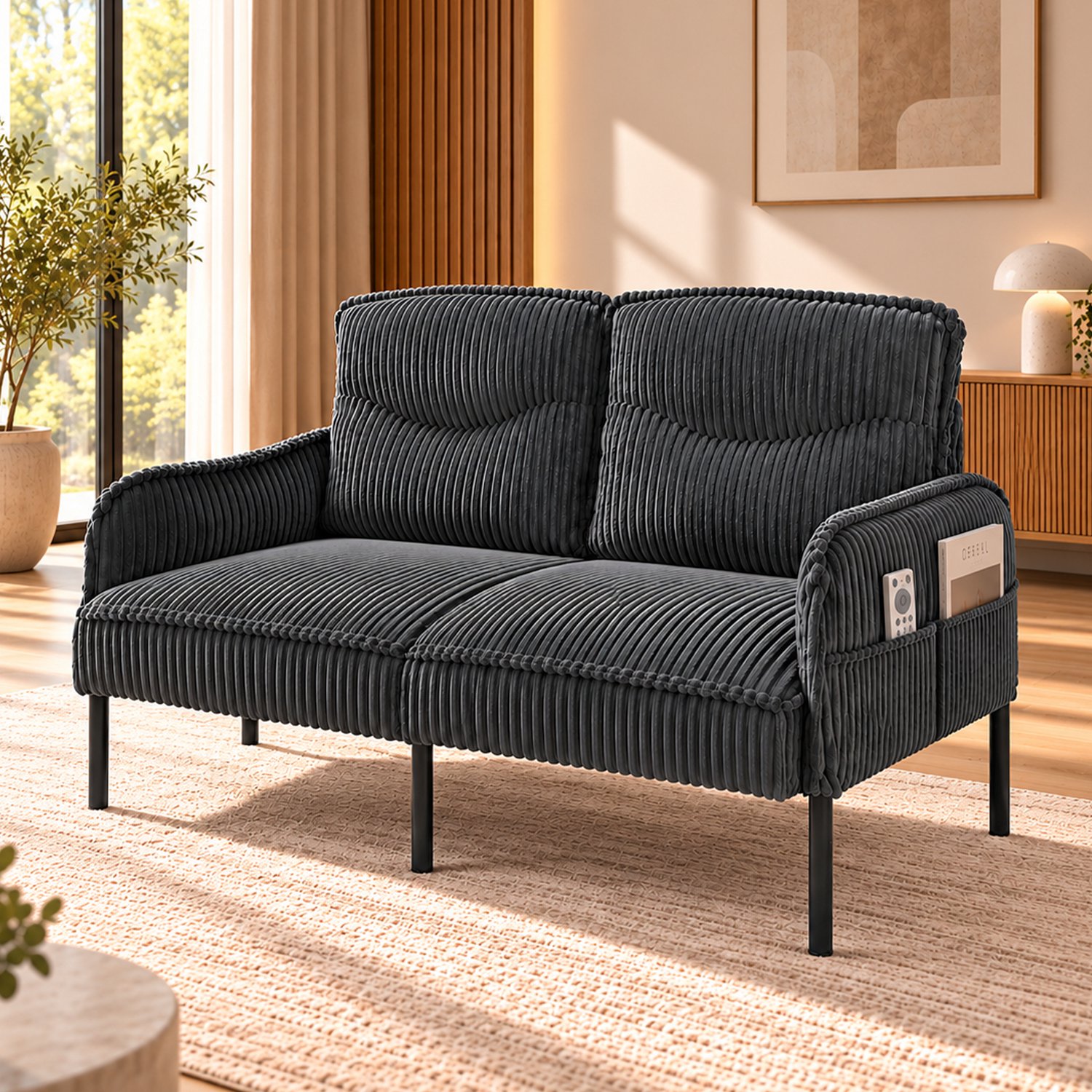 Wishdor 2-zits bank - Zachte ribstof en schuimvulling - Hoge gestoffeerde rugleuning met armleuningen - Zijvakken en metalen poten - Voor woonkamer slaapkamer en leeshoek - Grijs - 122 x 73 x 83 cm