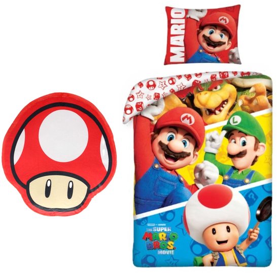 Dekbedovertrekset met Mario, Luigi en Toad, inclusief een pluche kussen in de vorm van een Super Mario-paddenstoel.