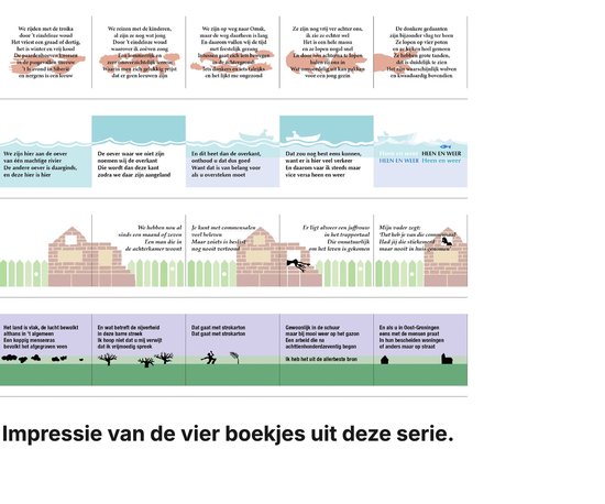 Vier stroken met teksten en illustraties die scènes tonen uit de gedichten van Drs. P.