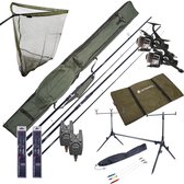 Karpervisset inclusief hengels, molens, foudraal, onthaakmat, rodpod en beetmelders.